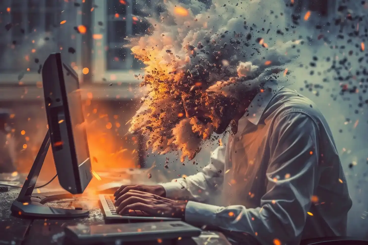Symbolbild für Frust mit Website-Baukastensystemen: ein Mann sitzt am Computer, sein Kopf explodiert bildlich vor Überforderung.